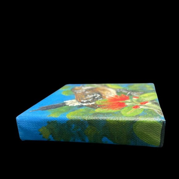 Original Bird Painting By L Peterson 4x4 Canvas Nature Scene With Red Flowers & - Picture 8 of 13